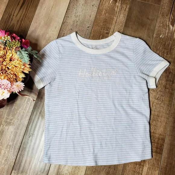 Hollister Ribbed Blue and White Cropped Striped T-Shirt Juniors Size XL - Picture 7 of 15